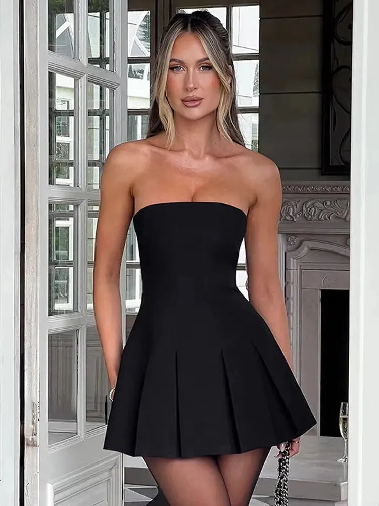 Strapless Bow Ruffle Gothic Mini Dress