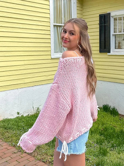 Loose Lace Up ’s Sweater Round Neck Long Sleeves Pullover Top Lady Autumn