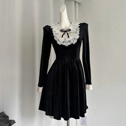 French Princess Evening Party Dresses Lace Patchwork Velvet Mini Dress A-line Korean Autumn Vestidos Mujer