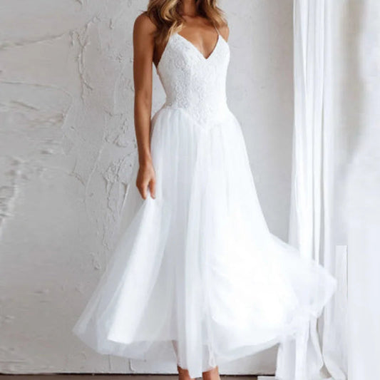 Embroidered Lace Party Dress Vneck Sleeveless Long Dress Loose Hollow Out Beach Dress