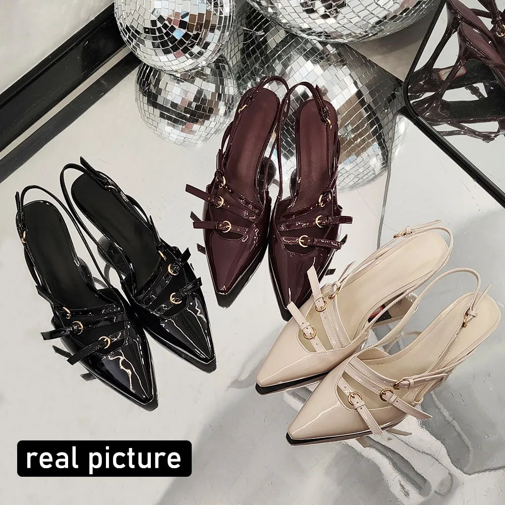 Brand Design Med Heels Pumps Pointed Toe Buckle Party Trend Slipon Mules Pumps Slingback Stiletto Shoes for