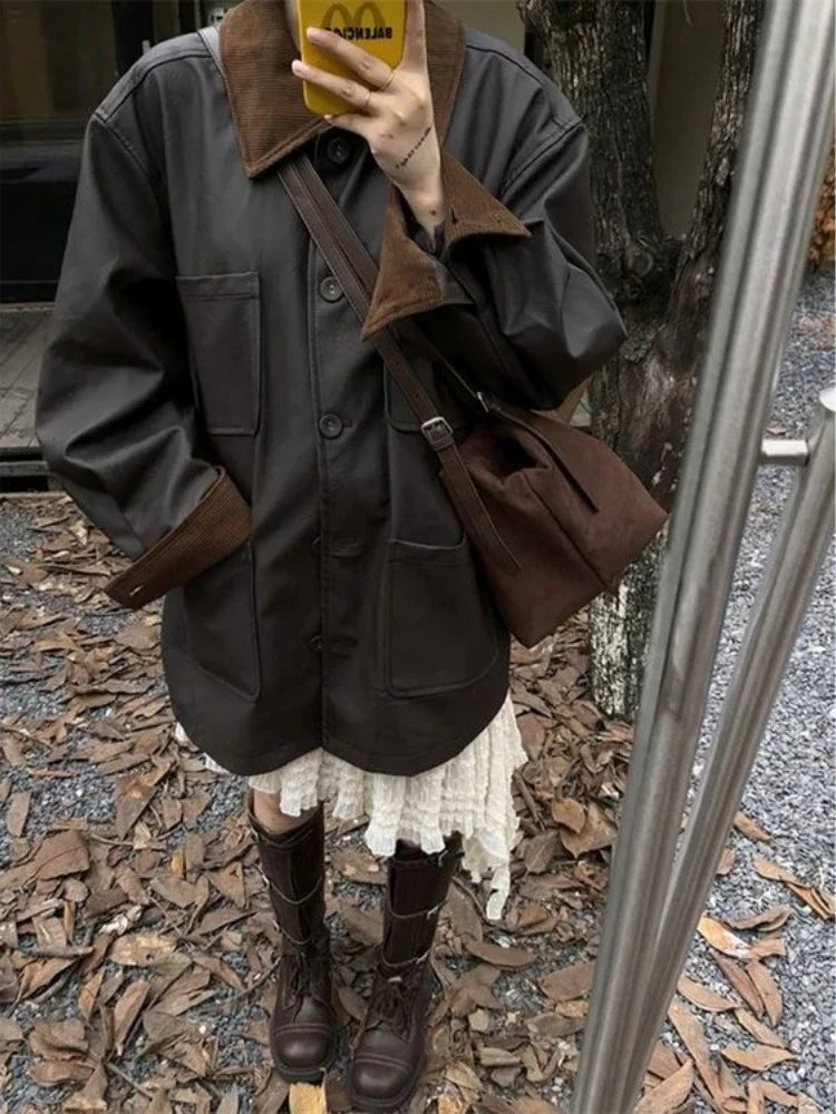 Leather Jackets for Corduroy Lapel Collar Cardigan Button Up Long Coat Autumn Winter Oversize Clothes New