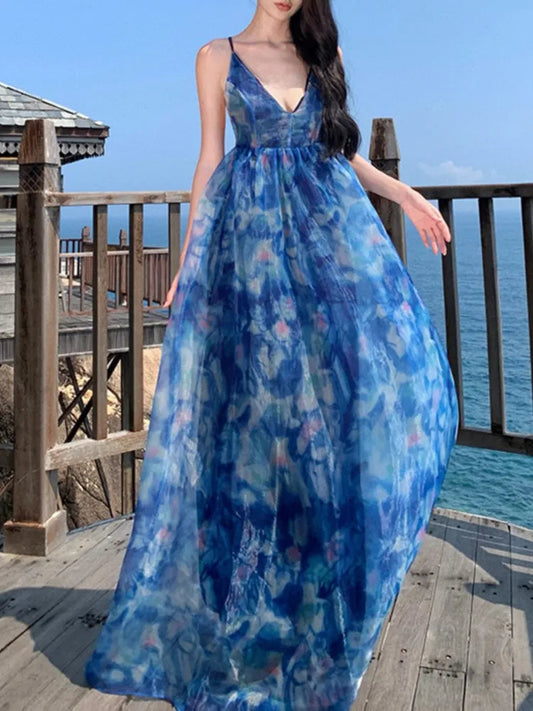 Summer Print Midi Dress Sleeveless Aline Maxi Vestidos Female Backless Long Robe New