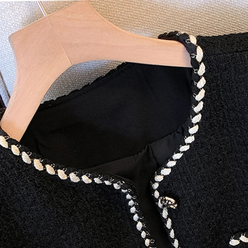Cropped Black Tweed Jacket Suit Quilted Coat Winter Short Blazer Korean Thick Outerwear Tops