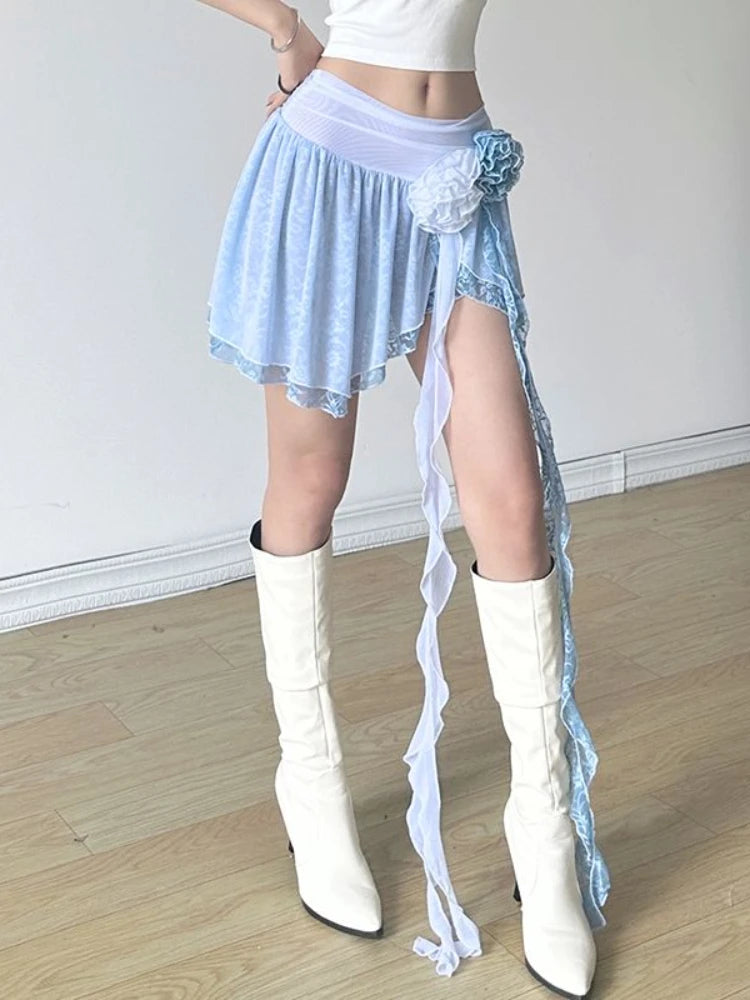French Lace Irregular Mini Skirts Office Lady Causal Hot Girl Slim Short Skirts Summer Korean Rose Aline Skirts