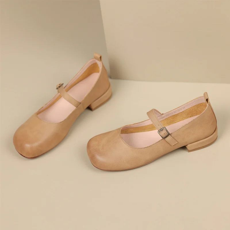 Round Toe Pumps Low Heels Genuine Leather Office Working Shoes Woman Spring Summer Retro Style