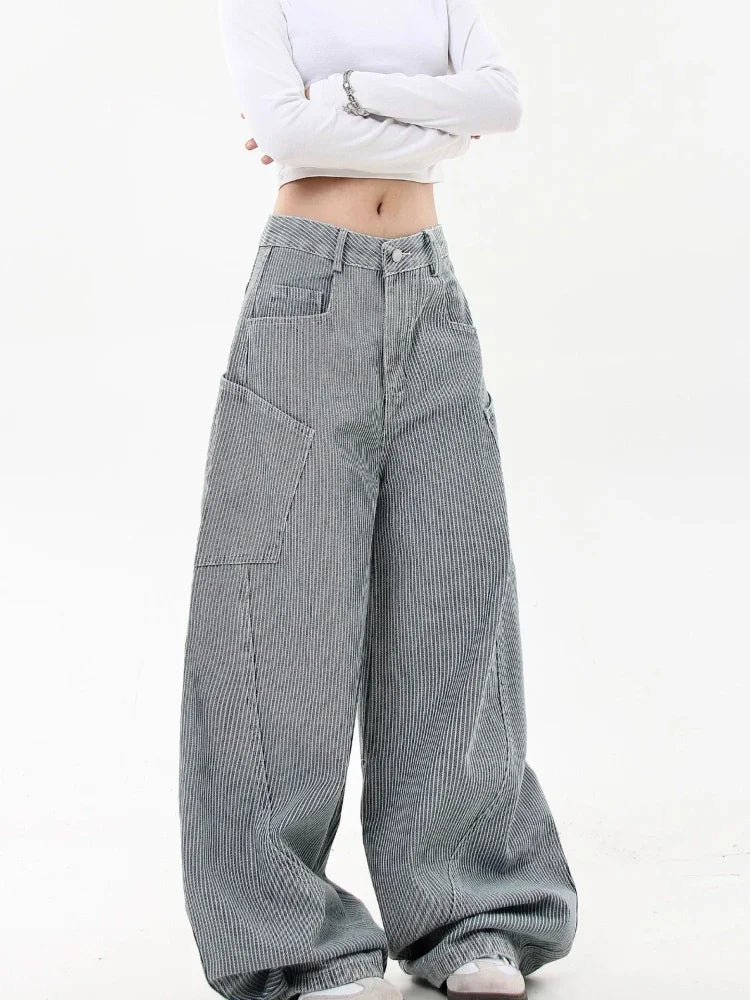 Retro Stripe Cargo Jeans Y2k Hip Hop Baggy Korean Straight Wide Leg Denim Pants Harajuku Mujer Bottoms