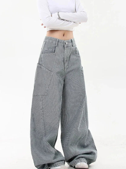 Retro Stripe Cargo Jeans Y2k Hip Hop Baggy Korean Straight Wide Leg Denim Pants Harajuku Mujer Bottoms