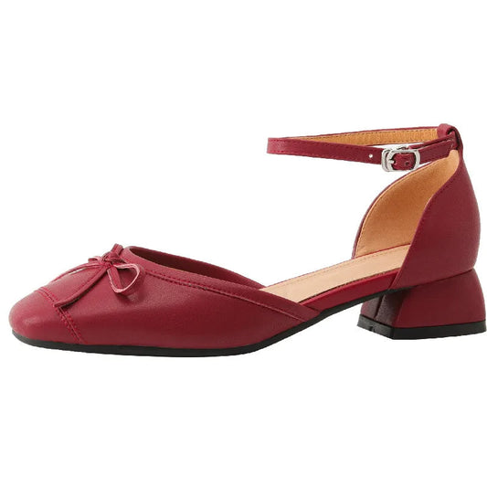 Pumps Spring Summer Sweet Retro Butterfly Knot Genuine Leather Thick Heels Ankle Strap Shoes Woman Party Wedding