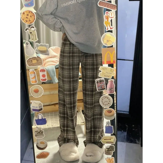 Woolen Plaid Pants Autumn Winter Korean Harajuku Baggy Check Loose Trousers 90s Aesthetic New
