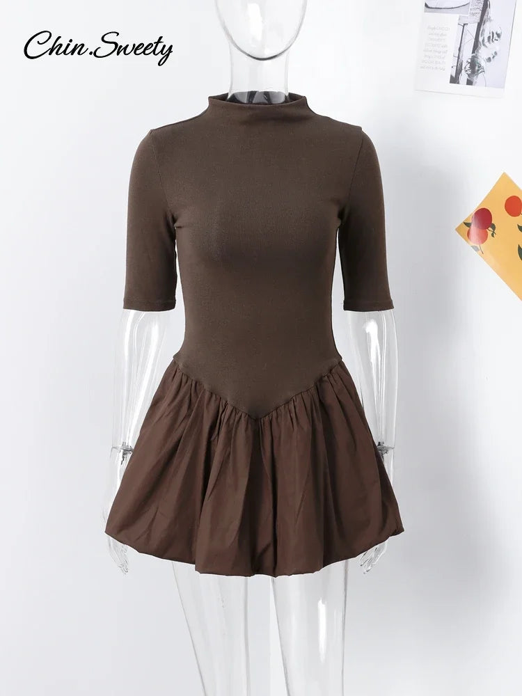 Knitted Patchwork Brown A-line Dress O-neck Short Sleeves Pleated Ruffles Mini Dresses Lady Vestidos