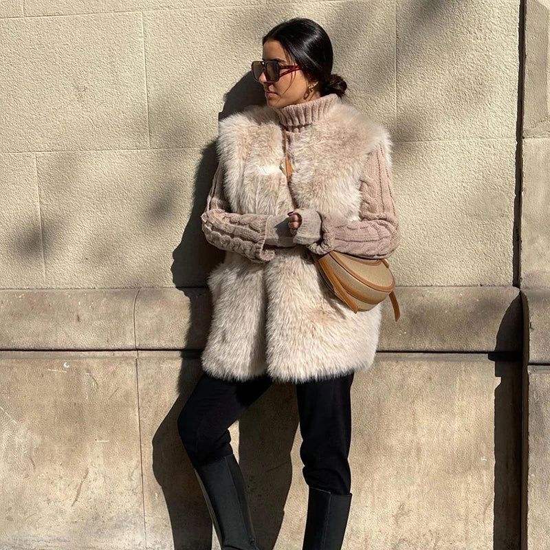 Brand Horn Buttons Long Faux Mink Fur Vest Tops Winter Sleeveless Overcoats Shaggy Waistcoat Gilets Casaco