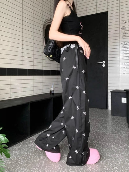 Y2k Coquette Bow Embroidery Wide Leg Pants Korean Style Kawaii Sweet Lace Patchwork High Waist Loose Pants Y2k