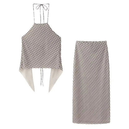 Summer 2 Piece Set Wave Print Halter Tank Top Backless Lace Up Tops Female High Waist Pencil Skirts