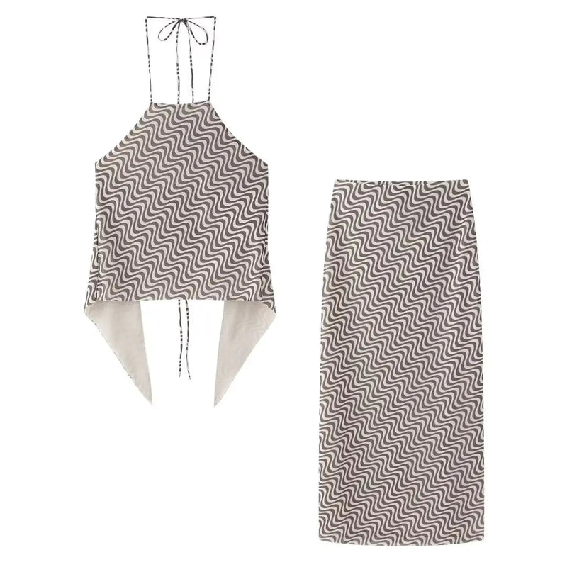 Summer 2 Piece Set Wave Print Halter Tank Top Backless Lace Up Tops Female High Waist Pencil Skirts