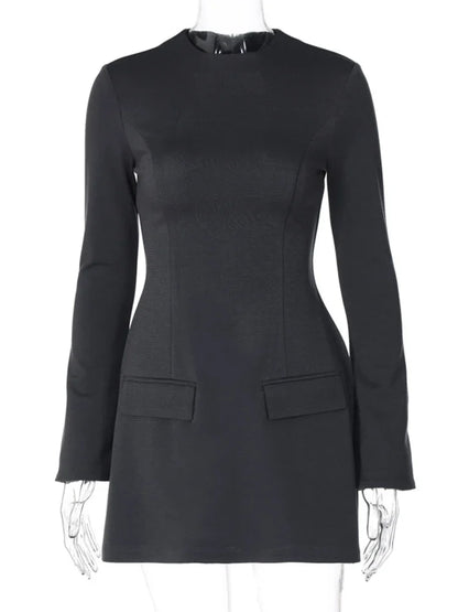 Long Sleeve Slim Mini Dress for A-line High Waist Two Pockets Autumn Winter New Party Dress Female