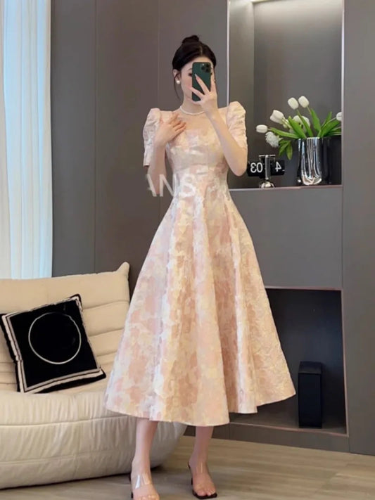 New Bubble Sleeve Pink Waist Cinching Summer Printing Gentle French Slimming Temperament Long Dresses