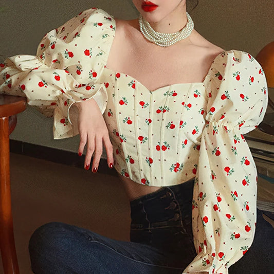 Youth Rose Long Sleeve Crop Blouse Top Korean Puff Sleeve Off Shoulder Shirt New