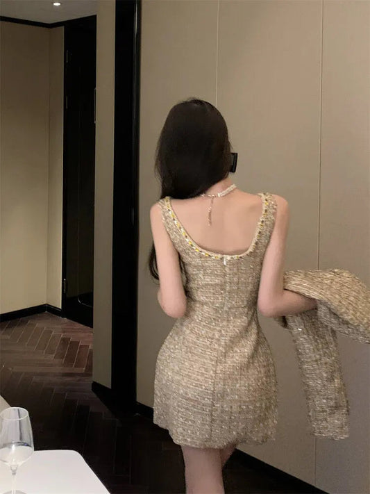 Gold Tweed 2 Piece Suit Jacket for Autumn Winter Designers Wool Coat + Strap Mini Dress Korean