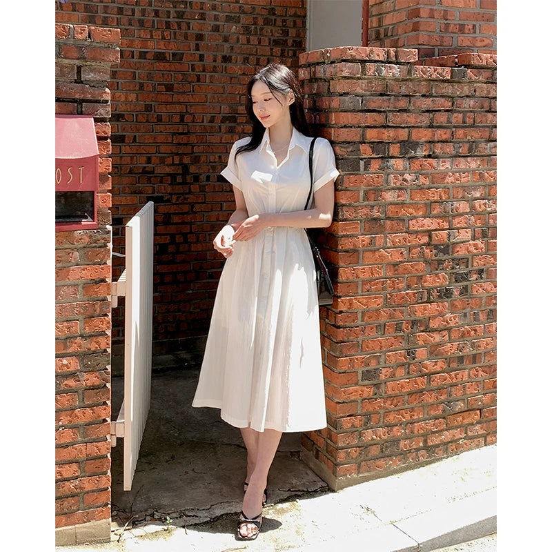 White Midi Dress With Belt Short Sleeve Shirts Dresses Summer Korean Aesthetic Single Breasted Vestidos
