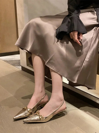 Metal Decoration Pointed Toe Pumps Thin Low Heels Sandals Dress Mules Shoes