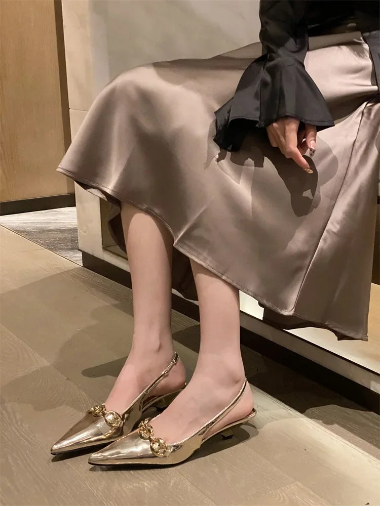 Metal Decoration Pointed Toe Pumps Thin Low Heels Sandals Dress Mules Shoes