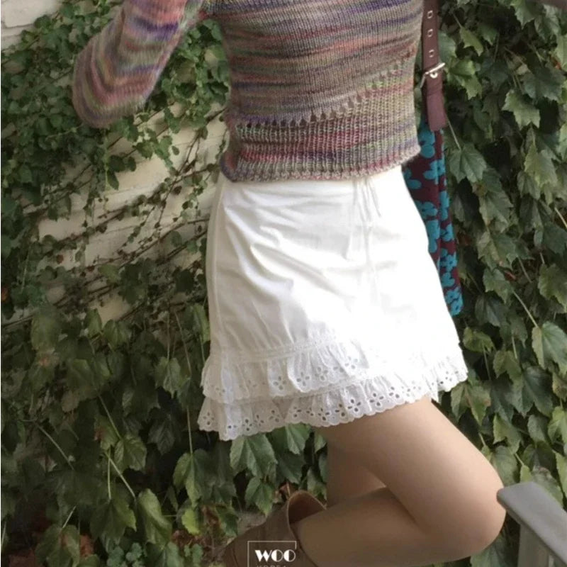 Laceup Pleated Color Aline Skirt Summer New High Waist Lace Splicing Hollow Out Mini Skirt