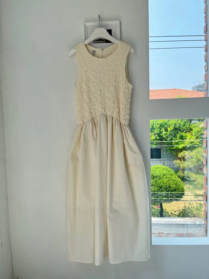 Long Dress Korean Summer Design Round Neck Pleated Texture Slim Fit Sleeveless Vest Vestidos