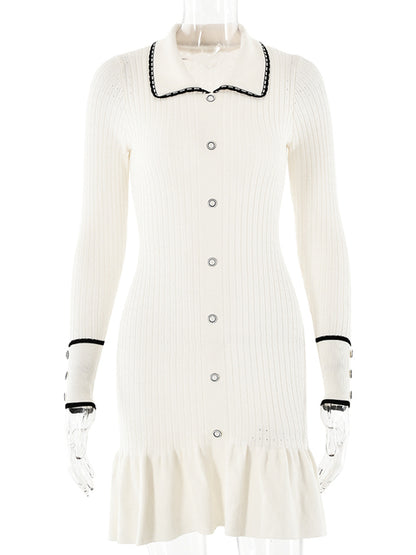Knitted Sweater Button Elastic Slim Dress Lotus Leaf Edge Bodycon Long Sleeve Fall New Female Vestido