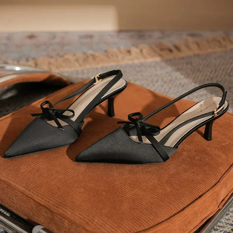 Satin Pointed Toe High Heels Bow Design Cover Toe Fine Heel 6cm Sandals Back Strap Party Dress Shoes