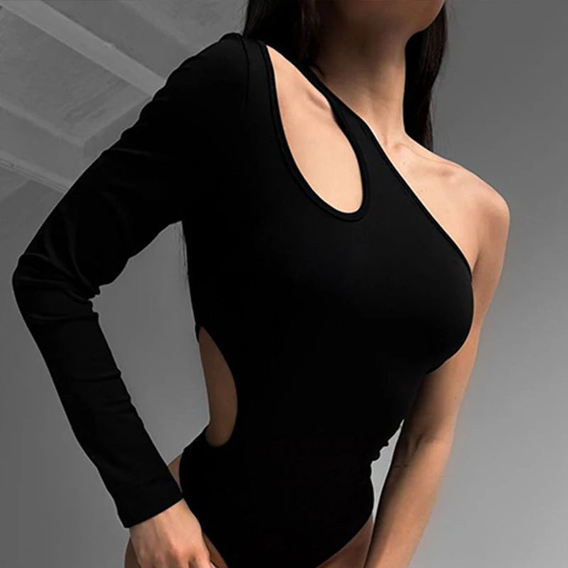 One Shoulder Cut Out Bodysuit Backless Fall Rompers Party Rave Outfits Lady Bodysuit Tops