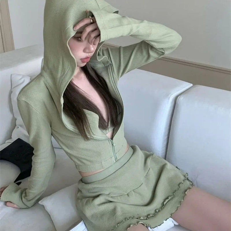 Y2k Autumn New Sling Neck With Small Strap Tank Top Hooded Coat Skirt 3 Piece Set