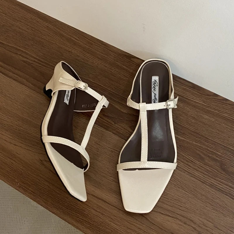 Summer Slipper Square Heels Sandals Square Toe Party Wedding Shoes Slip on Beach Slides Mujer