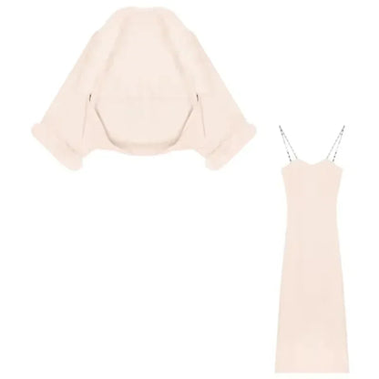 Autumn New High Street Color Threaded Chain Knit Dress + Loose Plush Spliced Cardigan Twopiece Suit
