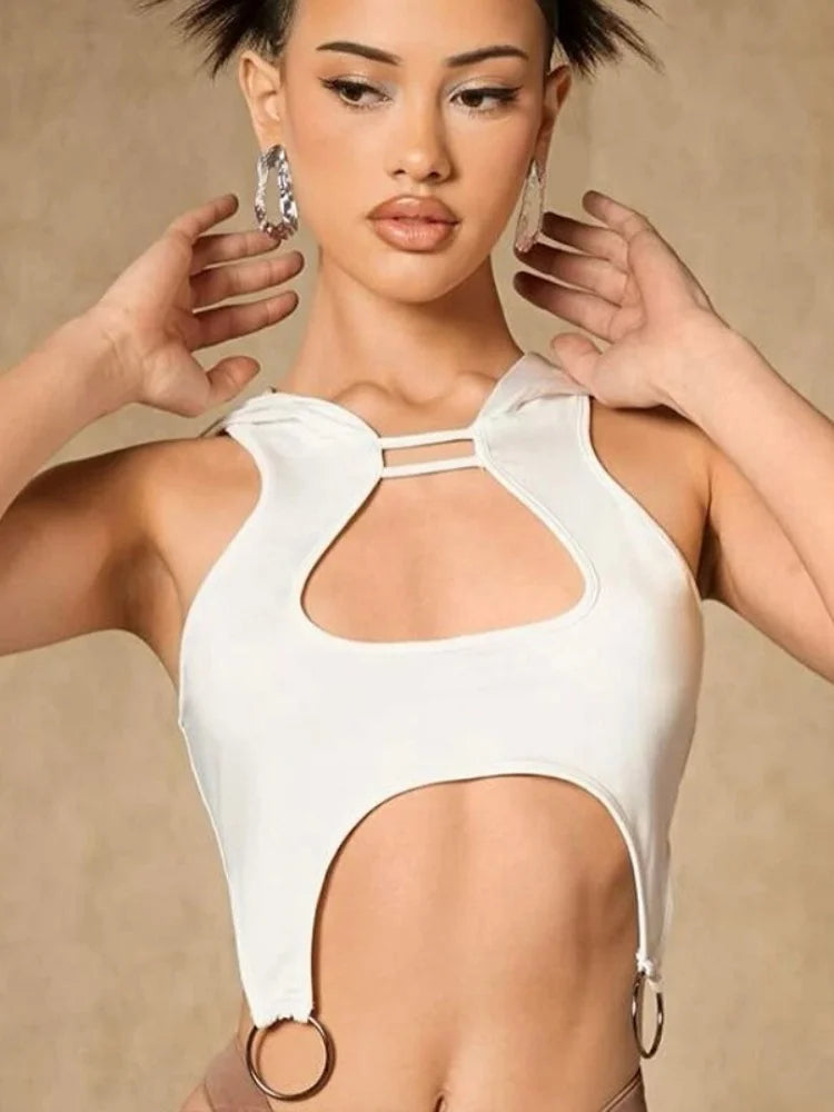 Hooded Tank Top Edgy Clothes Y2k Accessories Cut Out Sleeveless T-shirt White Corset Ropa Mujer Ring Decor