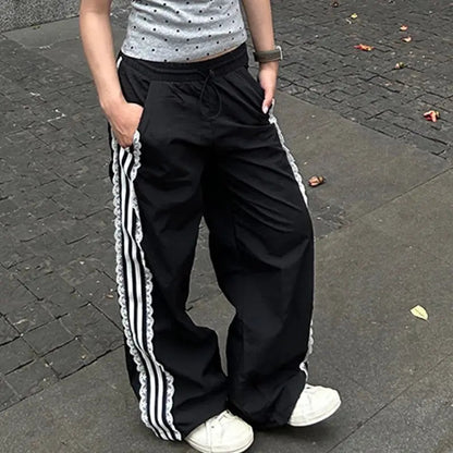 Coquette Sweatpants Summer Y2k Lace Stripe Patchwork Elastic Waist Sports Pants Trousers