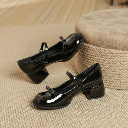 Patented Leather Mary Jane Shoes Retro Thick Heel Round Toe Shoes New One Line Buckle Lace Up Single Shoe