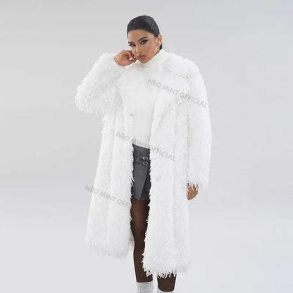 High Street Feathers Eco Fur Coat Winter Lapel Faux Fox Fur Jacket Long Fluffy Fur Overcoat Female