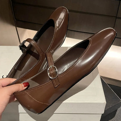 Genuine Leather Sqaure Toe Mary Jane Ballet Flats Leisure Soft Comfortable Female Ballerians Espadrilles Shoes