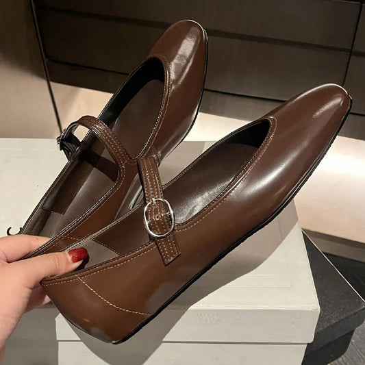 Genuine Leather Sqaure Toe Mary Jane Ballet Flats Leisure Soft Comfortable Female Ballerians Espadrilles Shoes