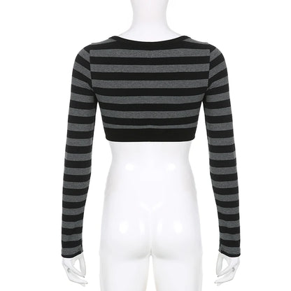 Y2k Striped Crop Top Button O-neck Long Sleeves Cardigan T-shirt Retro Harajuku Grunge Super-short Smock Top Tees