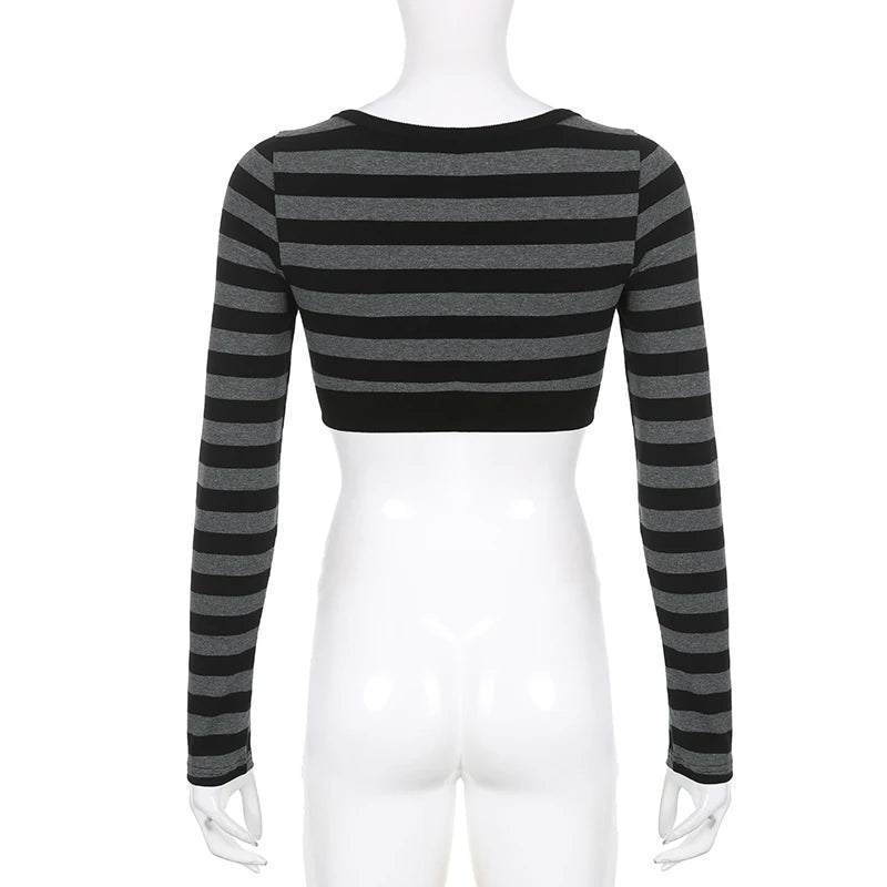 Y2k Striped Crop Top Button O-neck Long Sleeves Cardigan T-shirt Retro Harajuku Grunge Super-short Smock Top Tees