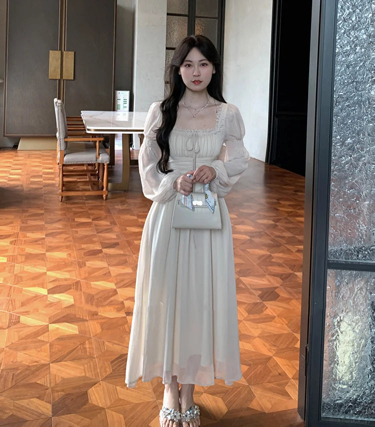 French Lantern Sleeve Lace Up Midi Dress Summer Square Neck Evening Party Prom Robe Female Vestidos Mujer Autumn