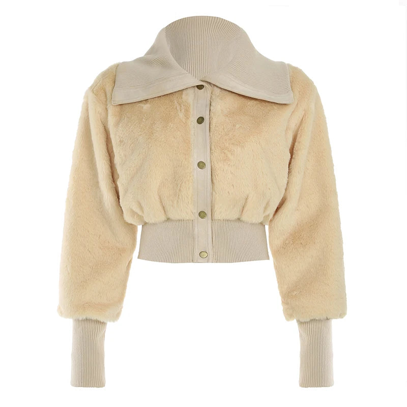 Fluffy Turn-down Collar Jacket S Autumn Winter New Slim Button Cropped Coat Retro