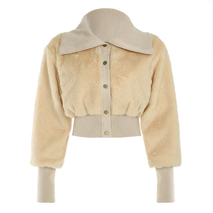 Fluffy Turn-down Collar Jacket S Autumn Winter New Slim Button Cropped Coat Retro