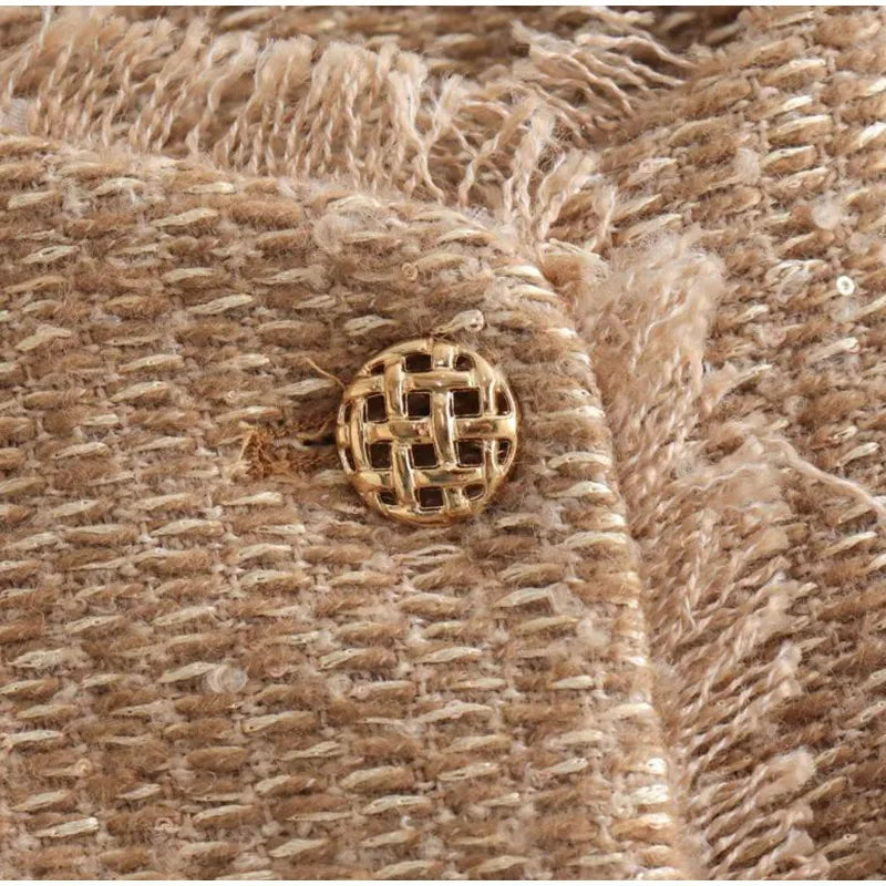 O-neck Pockets Short Coats for Autumn Long Sleeve Single Breasted Tweed Jacket New Cropped Coats Female