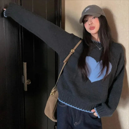 High Street Contrast Color Patchwork Long Sleeve Sweater Spring New Oneck Heart Embroidery Loose Knitted Tops