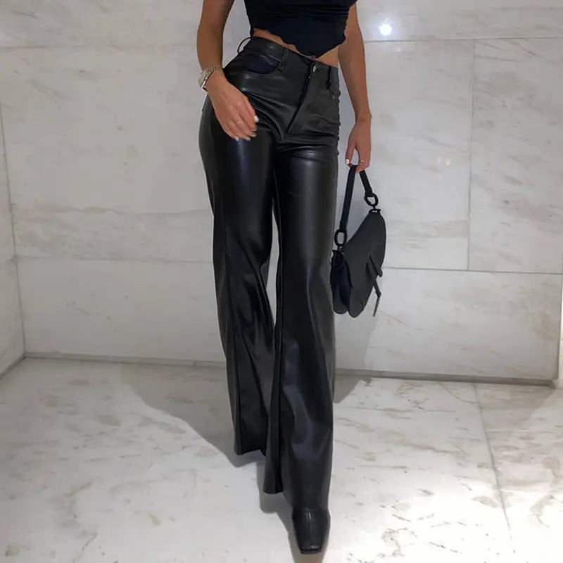 Black Punk Style Pu Faux Leather Pant Pants High Waist Straight Trousers Winter Trousers