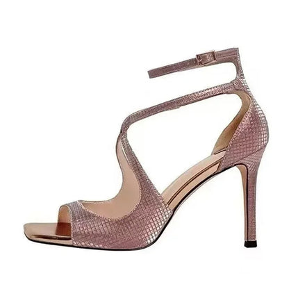 Designer Ankle Cover Strap 7cm Gladiator Sandals Square Open Toe Pink High Heels Wedding Banquet Shoes