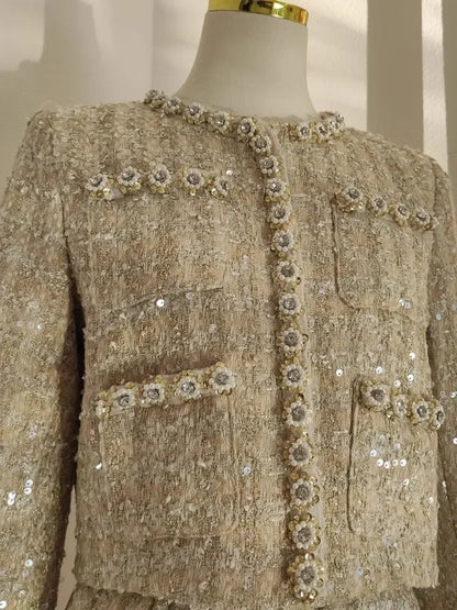 Small Fragrance Autumn Winter Beading Tweed Pearls Short Jacket Coat + Mini Pleated Skirt Suit Two Piece Sets Outifits